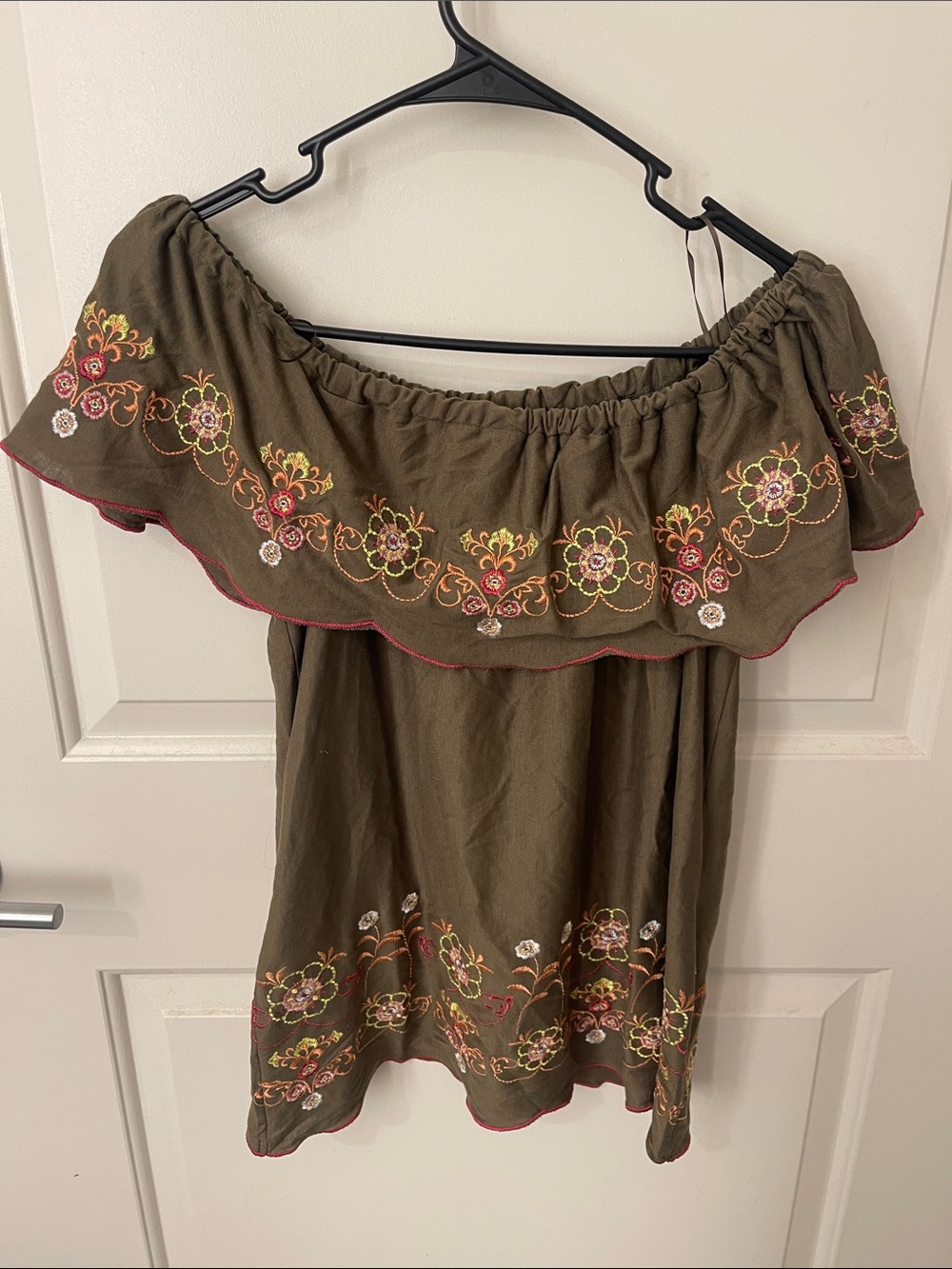Fever Olive Green Embroidered Off-Shoulder Top